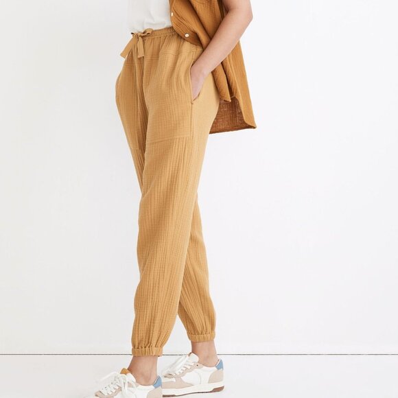 Madewell Lightspun Pull-On Mid-Rise Joggers Size L Crinkle Waffle Earthen Gold - Picture 1 of 11